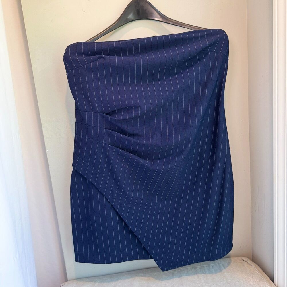 Wild Fable Women's L Asymmetrical Strapless Micro Mini Dress Navy Pinstripe Badd